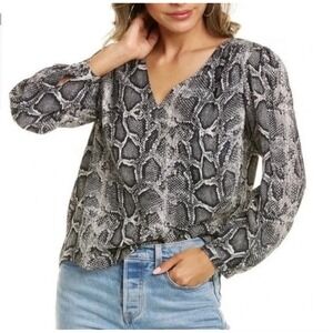 Rebecca Taylor 100% Silk Blouse Snake Python Print Grey Black 4 Women Top V Neck